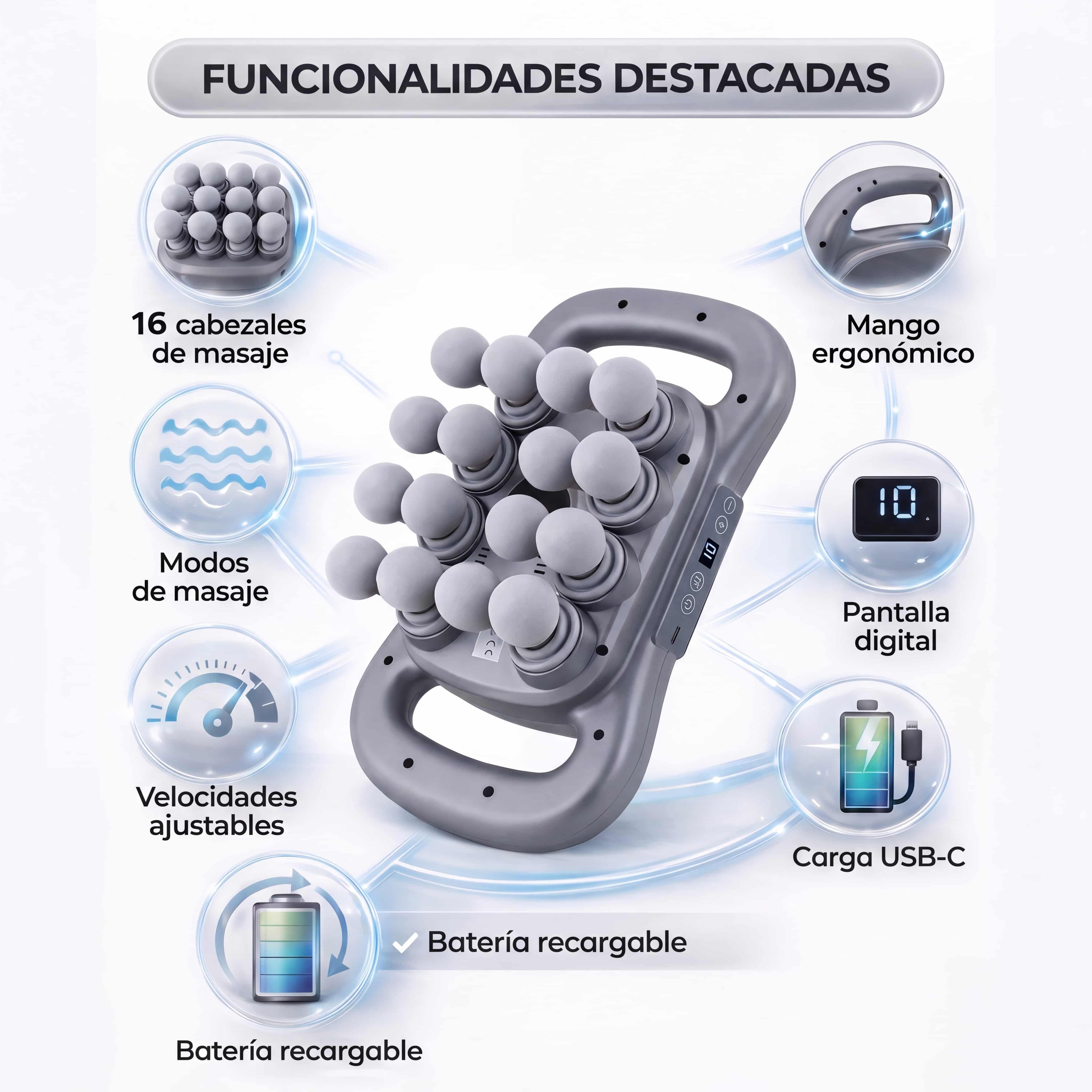 Masajeador Muscular Profesional con 16 Cabezales + Libro Digital de Masajes Profesionales en casa