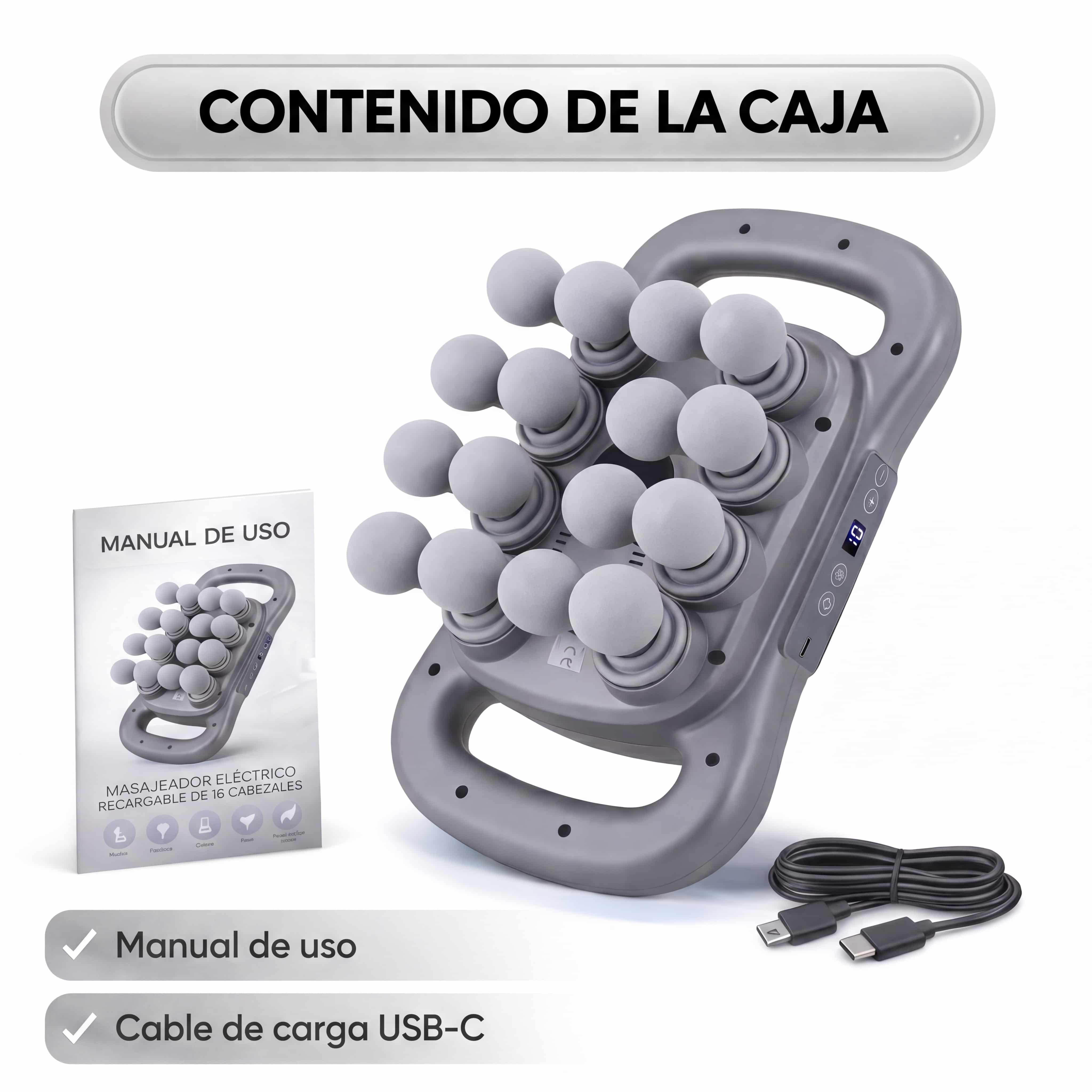 Masajeador Muscular Profesional con 16 Cabezales + Libro Digital de Masajes Profesionales en casa