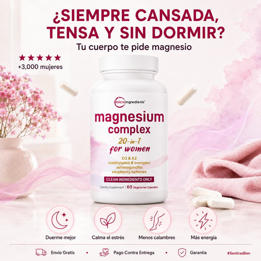 Magnesium Complex 20 in 1 for Women - con Glicinato, Citrato, D3, K2, Complejo B, Biotina, Inositol y Ashwagandha