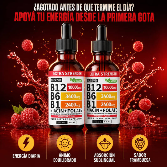 Vitamina B12 (2 Frascos) líquida de fuerza extra Complejo de vitamina B sublingual - Gotas B12 de 10000 mcg - Metilcobalamina para energía, apoyo cerebral y cardíaco, sabor a frambuesa