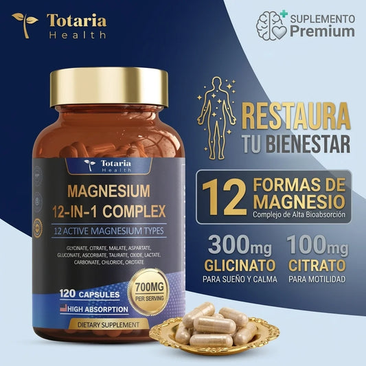 Magnesium 12 en 1 Complex 700 mg – Suplemento de Magnesio con Citrato, Glicinato, Óxido, Malato, Taurato, Aspartato y Orotato – Apoyo para Relajación, Músculos y Salud Cardíaca – Vegano – 120 Cápsulas